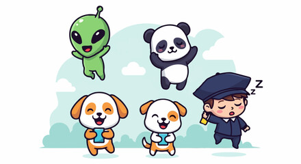 Obraz premium Adorable Cartoon Characters - Alien, Panda, Puppies, and Sleeping Policeman.