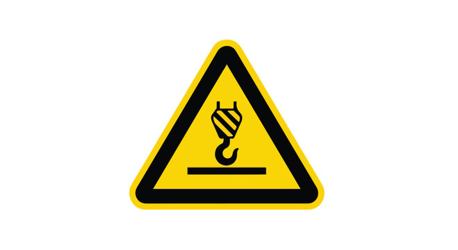 Yellow warning triangle sign indicating overhead crane danger and lifting equipment hazard zone