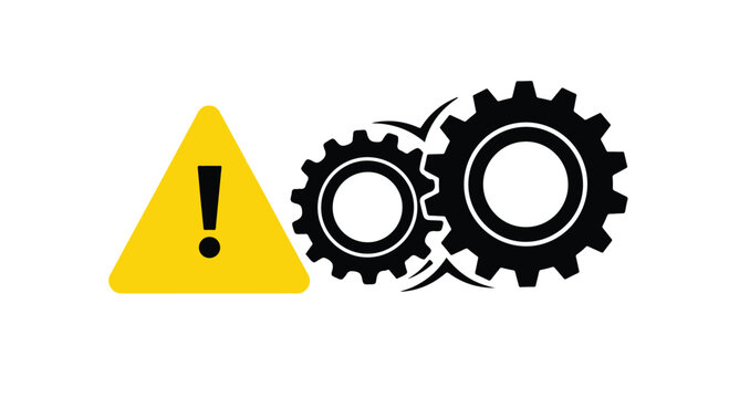 Yellow warning triangle with exclamation mark next to interlocking black gears symbolizing industrial danger
