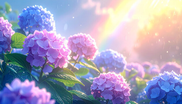 紫陽花と虹と雨