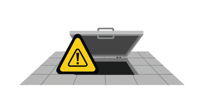Open manhole cover with a yellow warning triangle sign indicating danger and hazard on a tiled surface