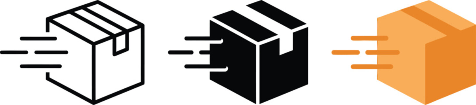 Three distinct icons illustrating fast package delivery, expedited shipping, and efficient logistics services for modern businesses.