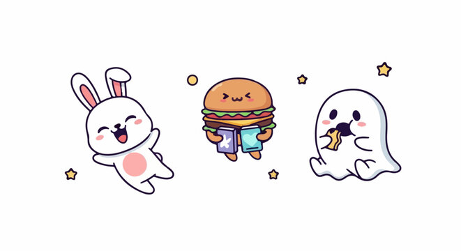 Adorable Cartoon Characters - Bunny, Burger, and Ghost in Playful Scene.