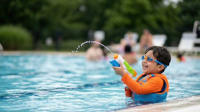 Child aiming water gun while standing at pool edge