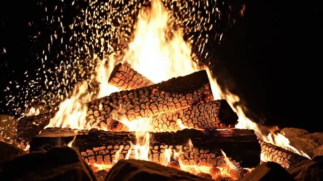 Close-up of a roaring campfire with glowing embers and dancing flames at night