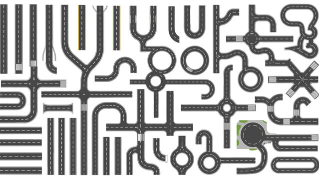 Large variety of overhead road segments including highways, intersections, roundabouts, and curves for creating detailed urban maps.