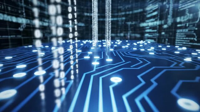 Digital data stream flowing through glowing circuit board pathways in futuristic cyberspace