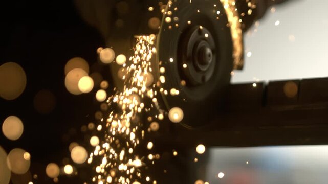 A worker uses a metal cutting tool that creates bright sparks during the cutting process. The tool moves swiftly, and the sparks are visible in the dim light of the workspace.