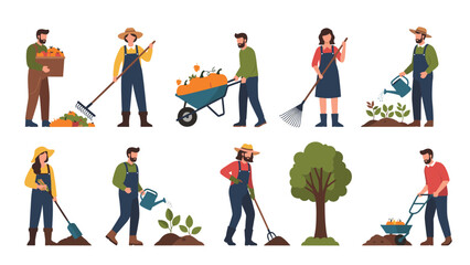 Fototapeta premium Group of male and female farmers engaged in various agricultural activities like harvesting, watering, and raking on a rural farm.