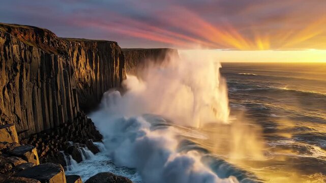 Dramatic ocean waves crash against basalt cliffs at sunset with golden light