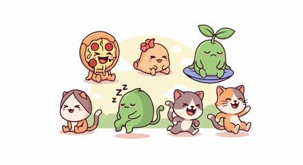 Obraz premium Adorable Cartoon Characters Featuring Pizza, Cats, and Plants in Cute Poses.