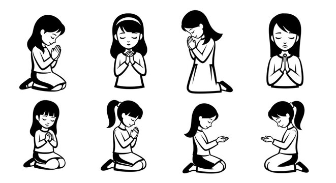 Set of little girls praying to God &ndash; simple black silhouette vector icons isolated on a transparent background