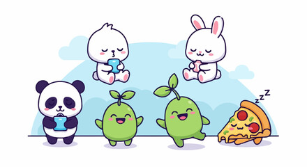 Obraz premium Adorable Cartoon Characters - Panda, Bunny, Dumpling, Sprouts, and Pizza.
