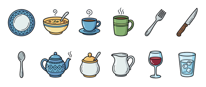 Collection of various kitchenware and tableware items in a charming cartoon style illustration for dining and cooking concepts.
