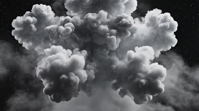 Dramatic monochrome explosion with swirling smoke and particles against black