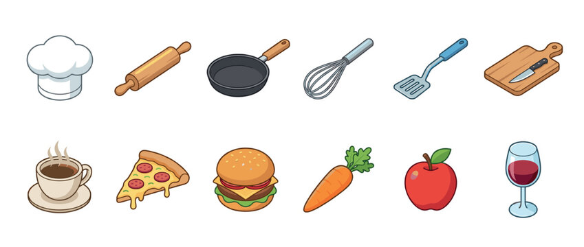 Collection of various kitchen tools and delicious food items presented as colorful cartoon illustrations for culinary concepts.
