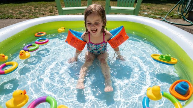 Young girl splashing and playing in inflatable pool backyard