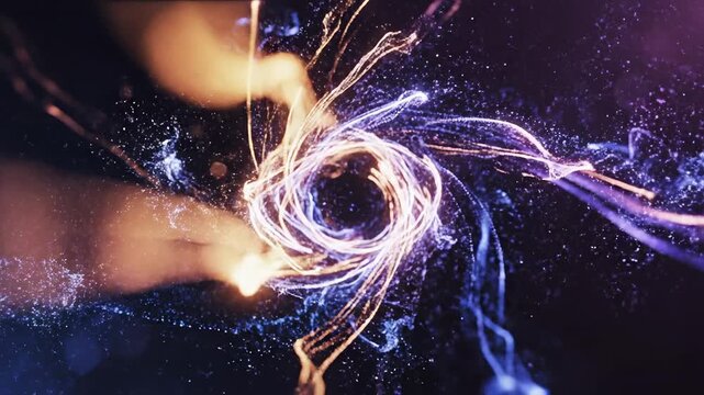 Abstract glowing particles swirl and flow in a mesmerizing cosmic dance