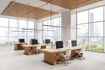 Modern open space office interior with wooden desks, white chairs, large windows and cityscape view in bright contemporary design workspace environment. 3D Rendering © ImageFlow