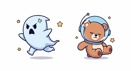 Fototapeta premium Adorable cartoon ghost and astronaut bear characters with stars floating around.