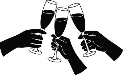 Silhouette of Three Hands Clinking Champagne Glasses in Celebration toast clinking glasses © MostRohida