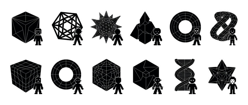 Pixel art characters and abstract geometric shapes in a black and white digital illustration representing complex concepts.