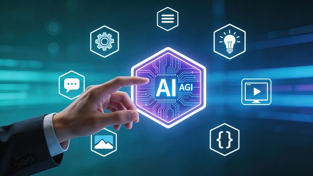 Businessman hand touching artificial intelligence chip AGI concept digital transformation future technology innovation smart automation data processing neural network machine