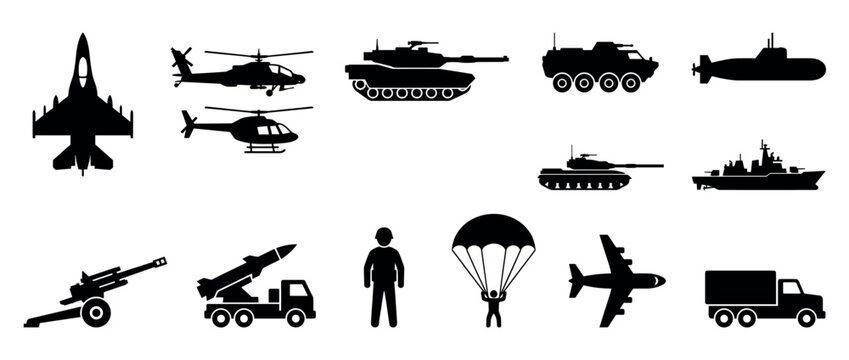 Collection of military vehicles, aircraft, naval vessels, and personnel silhouettes representing various armed forces equipment and soldiers.