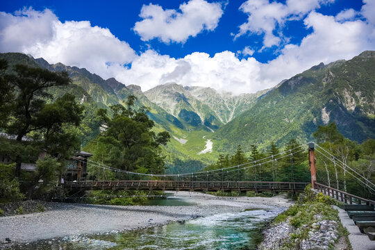 Kappa Bridge in Kamikochi, Nagano, Japan with mountain landscape