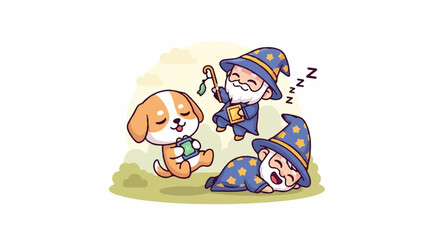 Obraz premium Adorable puppy and two sleeping wizards in a whimsical cartoon scene.