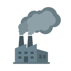 Obraz premium Flat factory icon with thick smoke clouds, pollution concept, simple shapes, muted solid colors