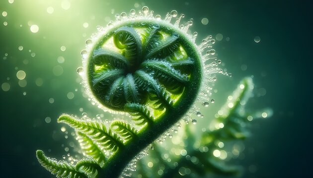 Spiraling fern sprout with clear water drops shines bright in light for cosmetic packaging design.