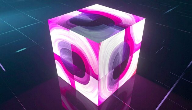 Futuristic cube radiates neon light, pink and blue patterns glowing on reflective surface, geometric simplicity fused with digital art, luminous presence in dim surroundings.