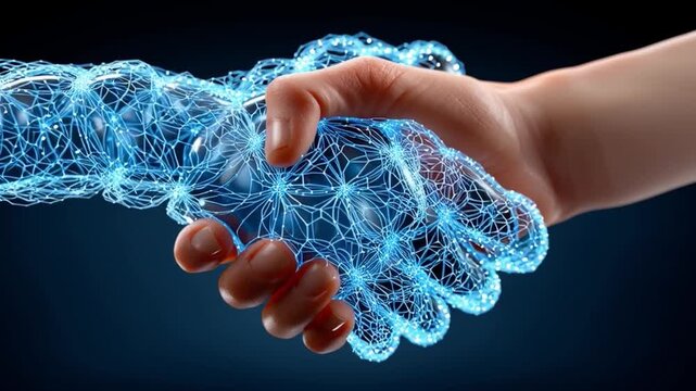 Digital Partnership: A symbolic handshake represents the convergence of humanity and technology, symbolizing collaboration, trust, and the fusion of innovation.