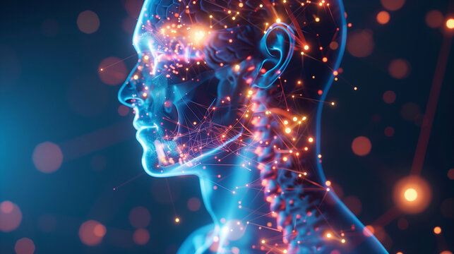 X Ray style 3D rendering of Vagus Nerve Stimulation with glowing nerve fibers - 3D illustration