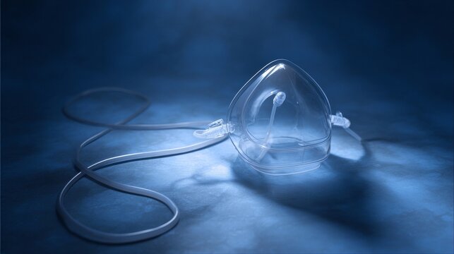 Medical oxygen mask with tubing on a textured surface, representing respiratory support and health care needs