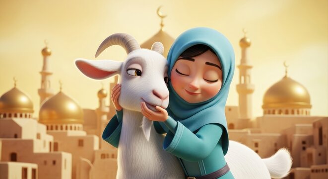 Eid al adha 2026 heartwarming scene of a girl and goat for islamic holiday
