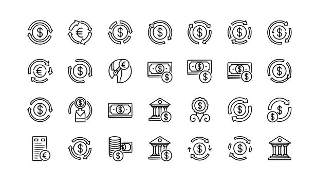 Refund and chargeback outline icon set with payment return transaction and finance line symbols vector pack