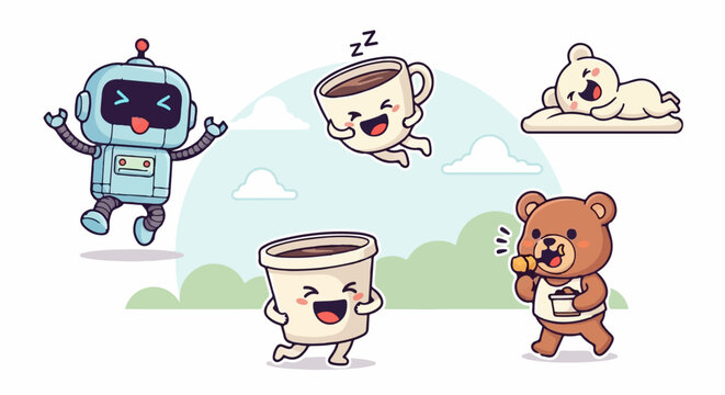 Cheerful Cartoon Characters - Robot, Coffee Cups, and Bear Friends.