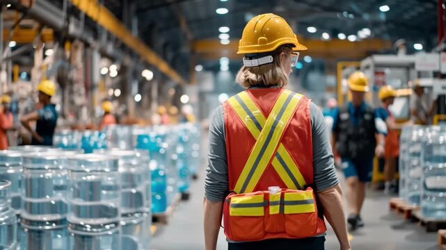 The Heart of the Factory: An industrious worker, clad in safety gear, navigates the bustling factory floor, embodying dedication and precision in the realm of industrial production.
