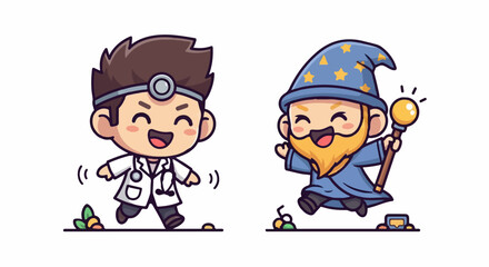 Fototapeta premium Cheerful Doctor and Wizard Characters in Playful Cartoon Style.