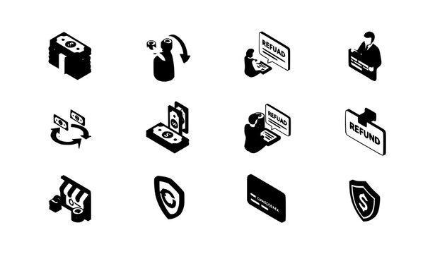 Isometric chargeback and refund icon set with return money payment reversal and finance symbols 3d vector
