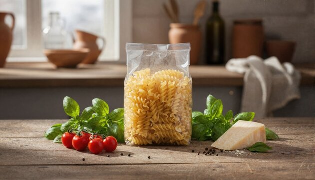 Fusilloni pasta in a clear bag on a rustic wood table with fresh basil and tomatoes