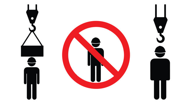 Construction safety warning sign showing danger of falling objects and prohibition of people under suspended loads