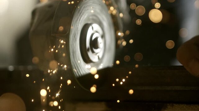 A worker uses a cutting tool on metal. Bright sparks fly as the tool contacts the surface. The setting is a workshop filled with tools and equipment.