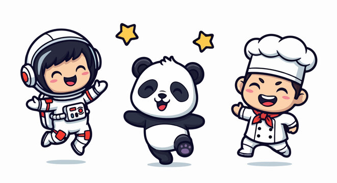 Cute Cartoon Astronaut, Panda, and Chef Characters in Joyful Poses.