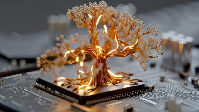 Golden Tree of Innovation: An artistic representation of a golden tree with glowing veins is placed atop a computer chip, symbolizing the growth and evolution of technology.