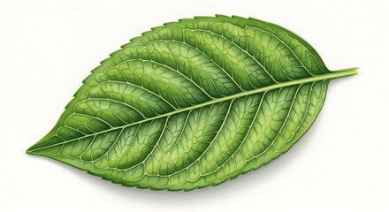 Obraz premium Detailed watercolor illustration of a single, vibrant green leaf with intricate vein structure
