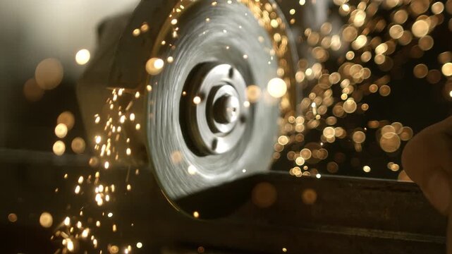 Metal is being ground in a workshop. Sparks are flying as a machine works on a piece of metal. The light reflects off the sparks, creating a bright effect.