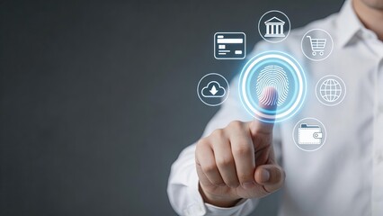 Fototapeta premium Businessman using biometric fingerprint scanner for secure digital banking online payment identity verification and financial data protection on virtual interface